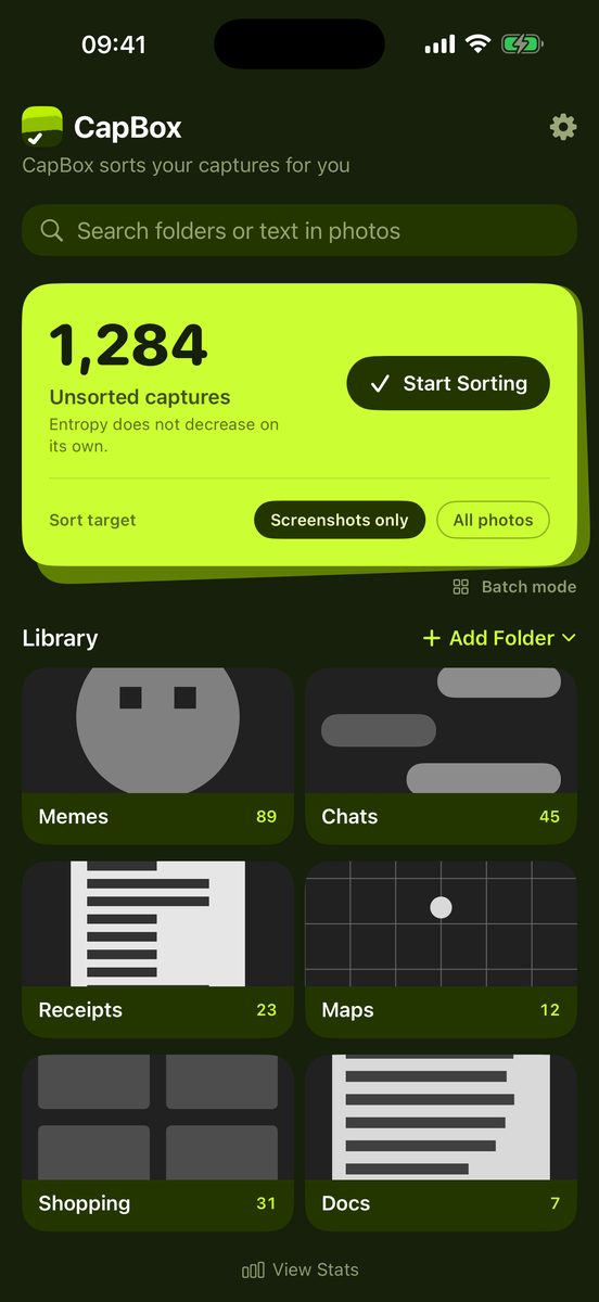 CapBox library screen — 1,284 unsorted captures and folders for Memes, Chats, Receipts, Maps, Shopping and Docs
