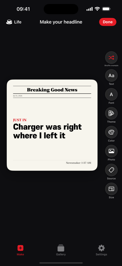 Newsmaker headline maker screen showing a breaking-news style card being created