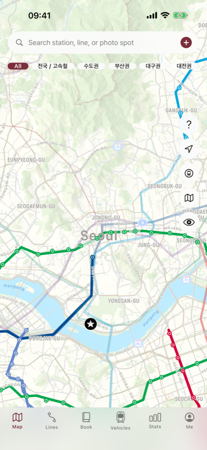 Raillog map screen showing ridden lines painted in their real line colors