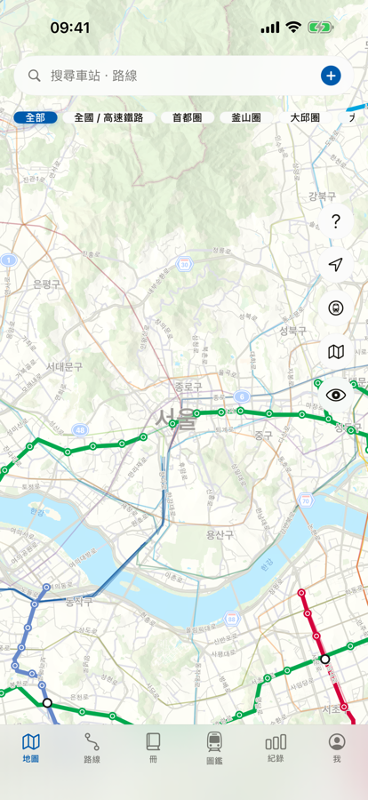Raillog 地圖畫面 — 搭過的路線塗上實際的路線色