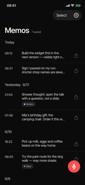 Talk Memo home screen on iPhone showing voice memos transcribed to text