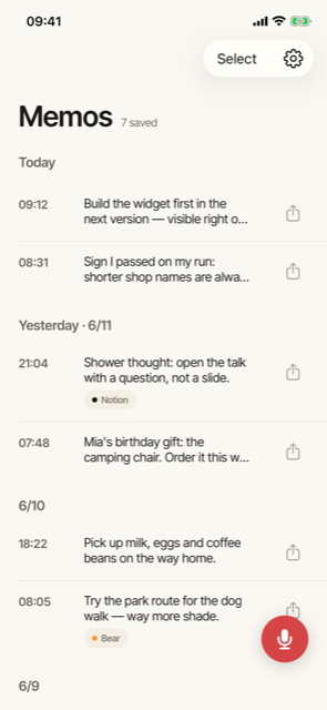Talk Memo home screen on iPhone showing voice memos transcribed to text